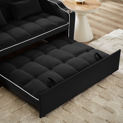 1 versatile foldable sofa bed in 3 lengths, modern sofa sofa sofa velvet pull-out bed, adjustable back and with USB port and ashtray and swivel phone stand (black)