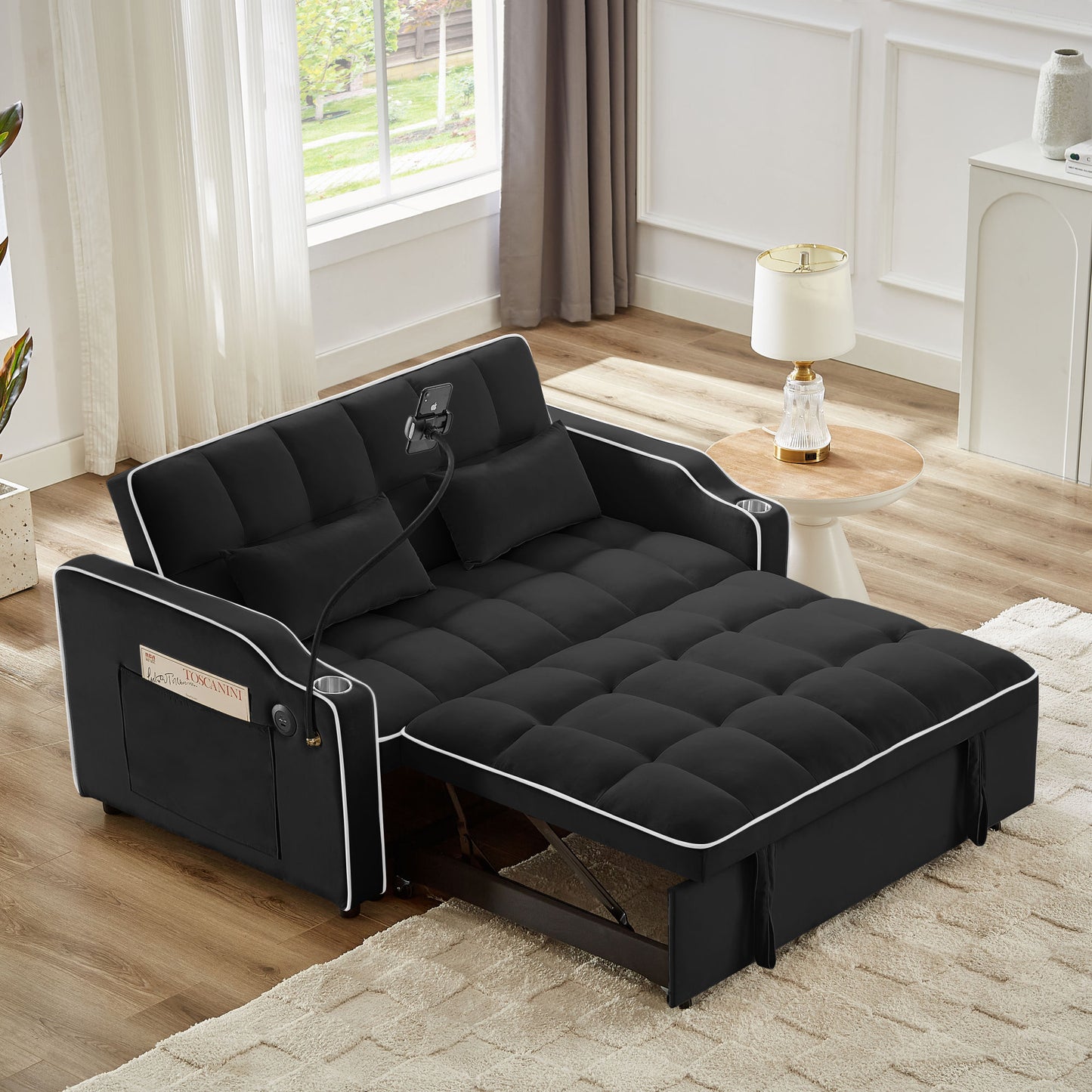 1 versatile foldable sofa bed in 3 lengths, modern sofa sofa sofa velvet pull-out bed, adjustable back and with USB port and ashtray and swivel phone stand (black)