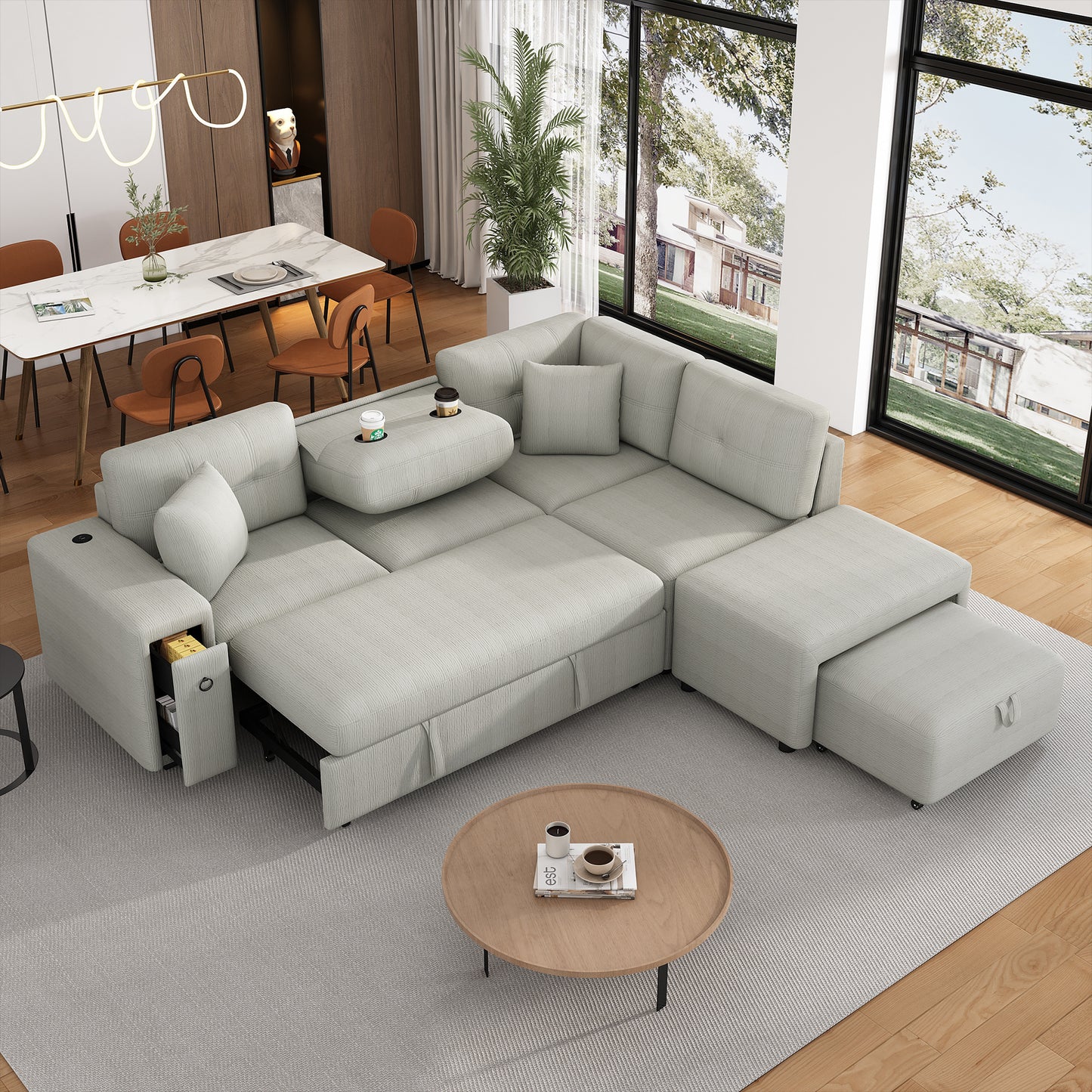 86.6" Sectional Sofa L-shaped Sofa Couch Pull-out Sofa Bed with a Movable Ottoman, Two USB Ports and Two Cup Holders for Living Room, Gray