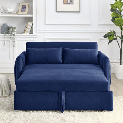 55" Modern Convertible Sofa Bed with 2 Detachable Arm Pockets; Velvet Loveseat Sofa with Pull Out Bed; 2 Pillows and Living Room Adjustable Backrest; Grid Design Armrests