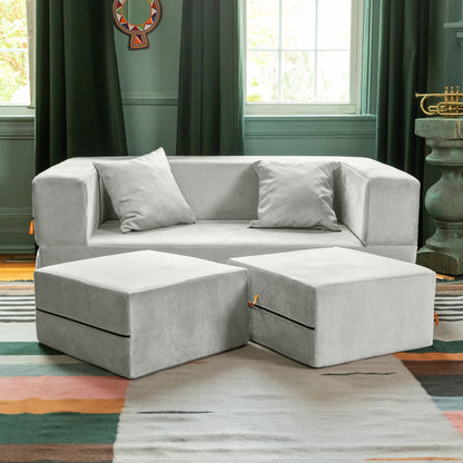 Jaxx Zipline Convertible Sleeper Loveseat & Ottomans, Textured Microvelvet - Ice