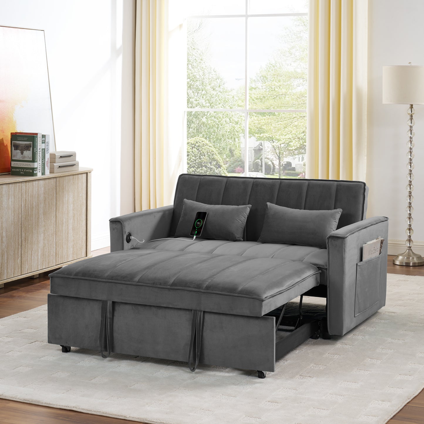 54.33 inch versatile foldable sofa bed in 3 lengths, modern sofa sofa sofa velvet pull-out bed, adjustable back (GRAY)