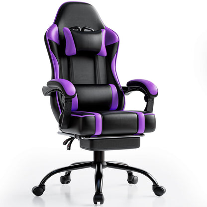 Video Game Chairs for Adults, PU Leather Gaming Chair with Footrest, 360°Swivel Adjustable Lumbar Pillow Gamer Chair, Comfortable Computer Chair for Heavy People