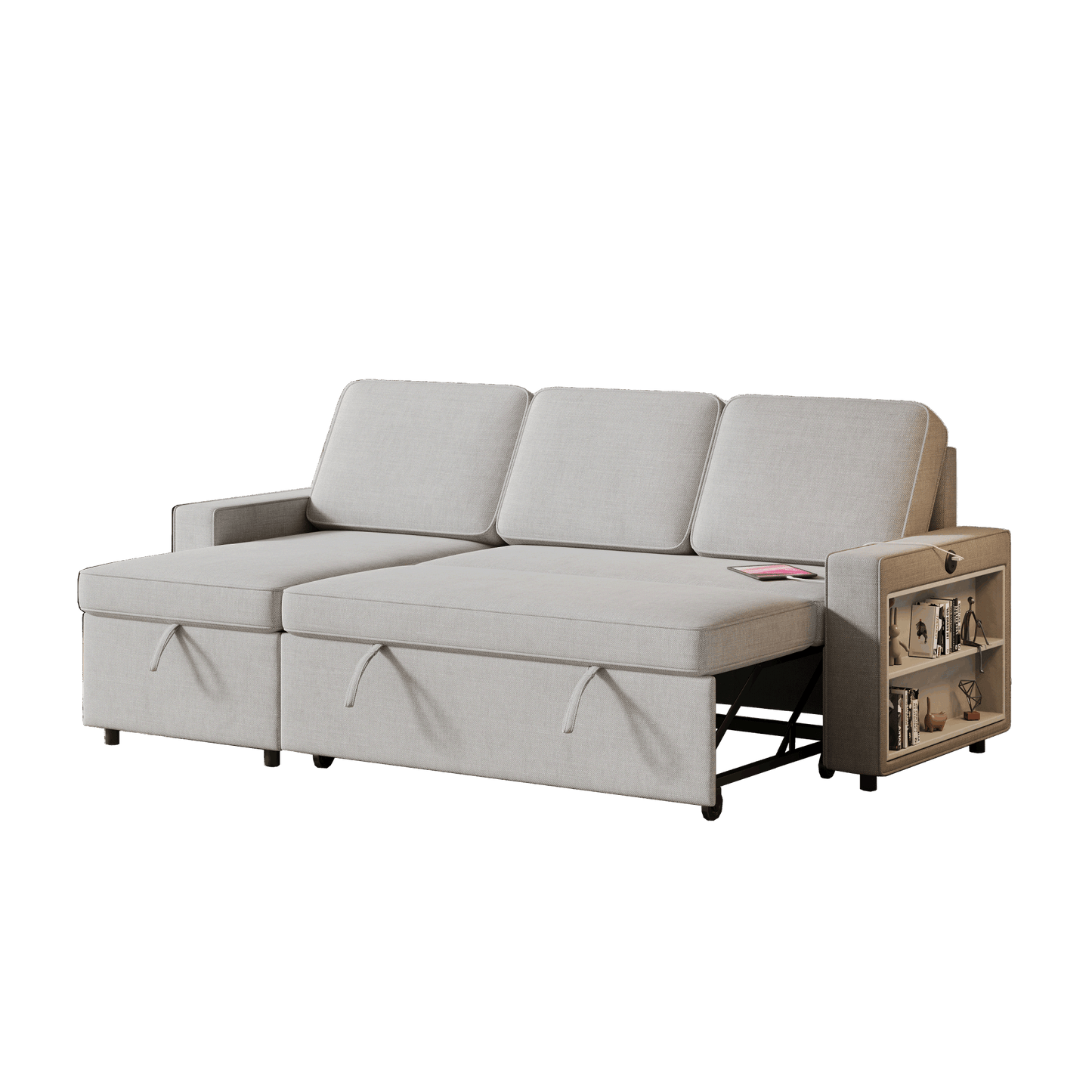 85.8" Pull Out Sleeper Sofa L-Shaped Couch Convertible Sofa Bed with Storage Chaise And Storage Racks,With USB Port And T-pyce Port