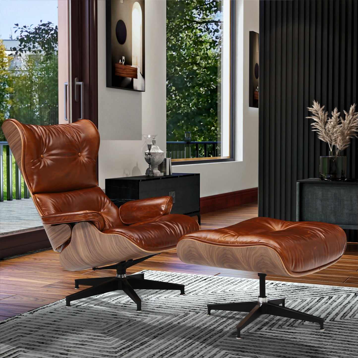 UPGRADE Mid century high back lounge chair with ottoman stool for Living Room Genuine Leather Club Chair