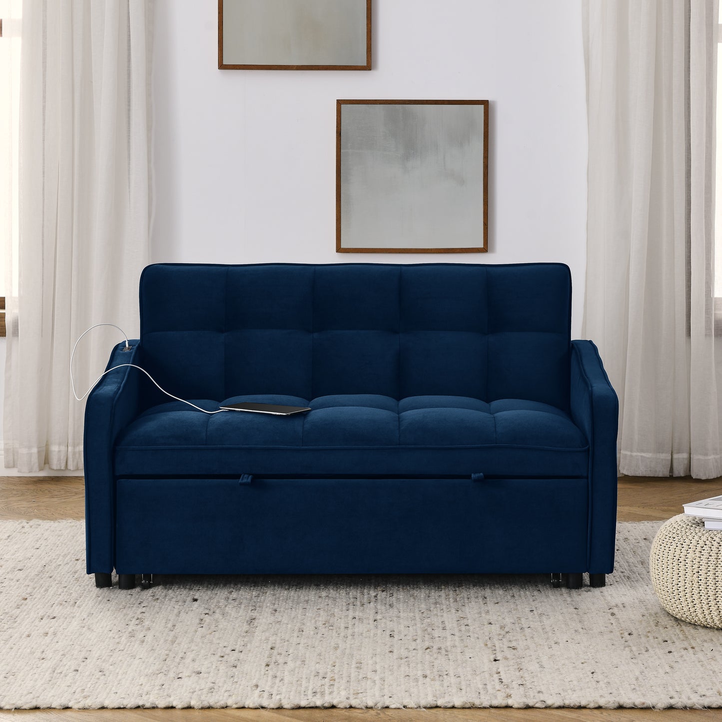 Loveseats Sofa Bed with Pull-out Bed,Adjsutable Back and Two Arm Pocket,TypeC and USB Charging with Copper nail,Blue (47"x53"x31")