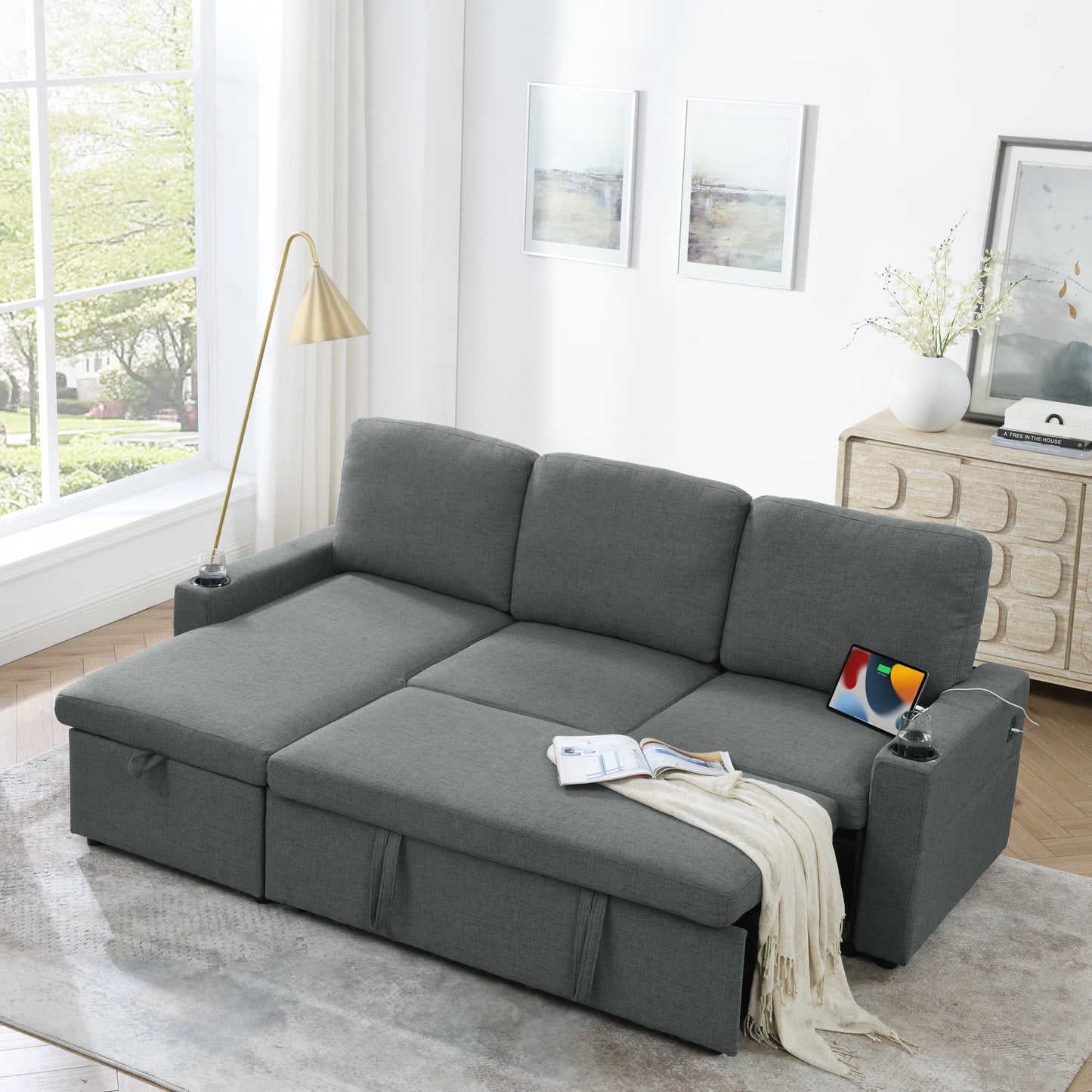 Linen Upholstered Sleeper Sectional Sofa