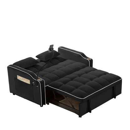 1 versatile foldable sofa bed in 3 lengths, modern sofa sofa sofa velvet pull-out bed, adjustable back and with USB port and ashtray and swivel phone stand (black)