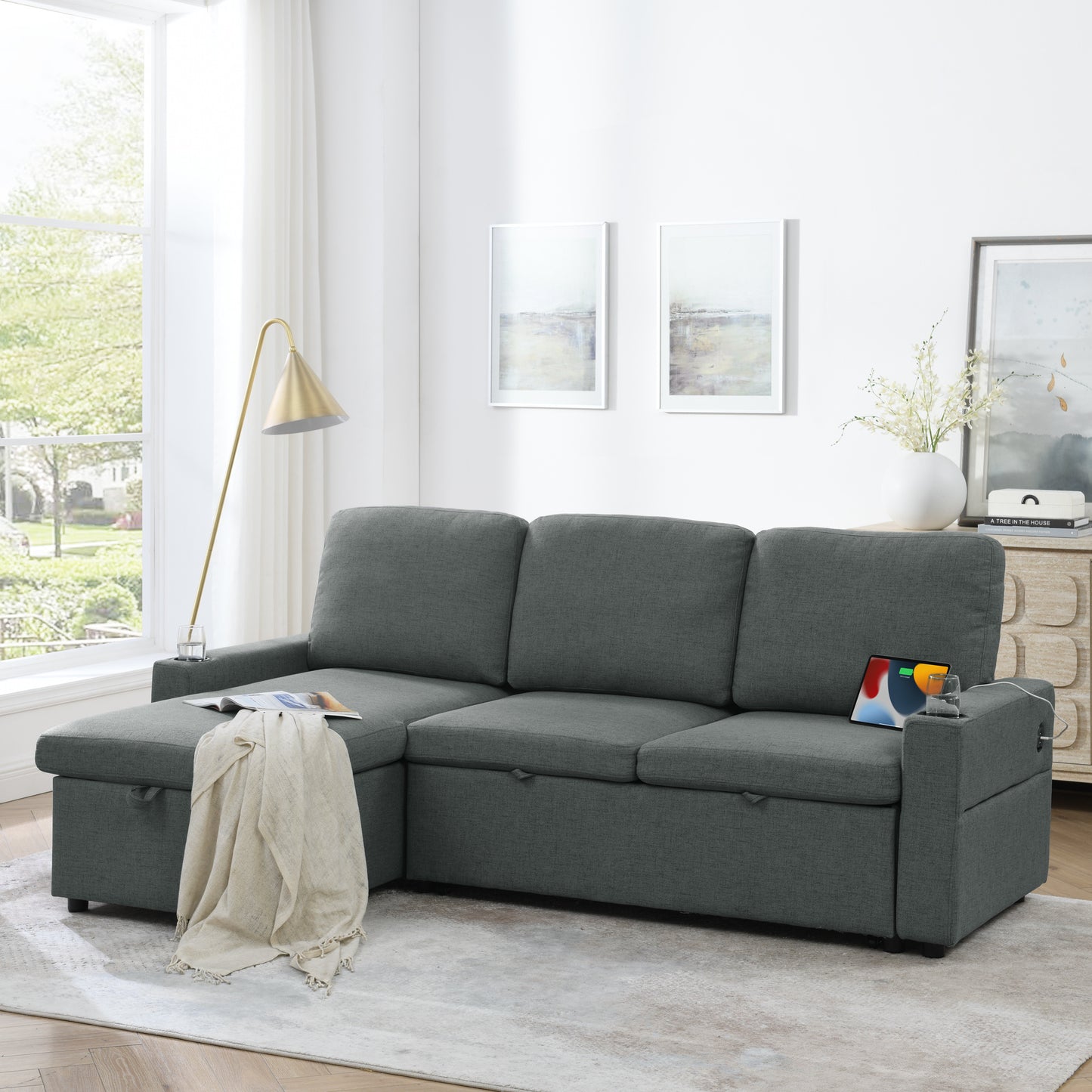 Linen Upholstered Sleeper Sectional Sofa