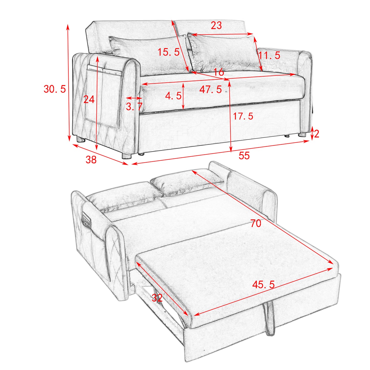 55" Modern Convertible Sofa Bed with 2 Detachable Arm Pockets; Velvet Loveseat Sofa with Pull Out Bed; 2 Pillows and Living Room Adjustable Backrest; Grid Design Armrests