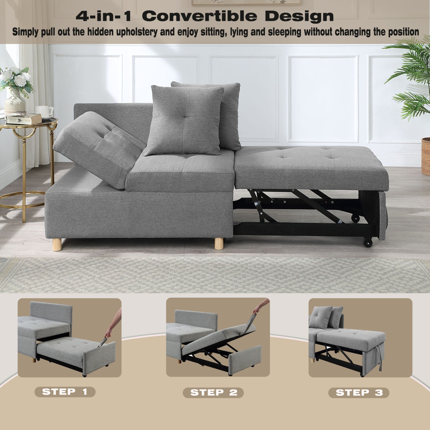 4-in-1 Convertible Sofas & Couches, Single Extendable Sofa with 6 Position Adjustable Back, Sofa Bed with 2 Pillows, Gray