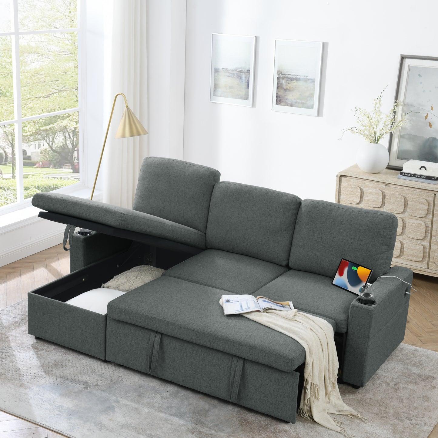 Linen Upholstered Sleeper Sectional Sofa