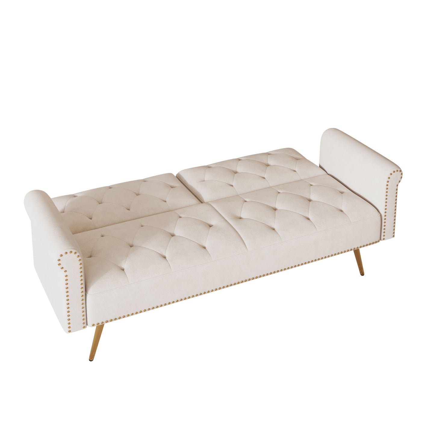 69.7 inch beige velvet nail head sofa bed with throw pillow