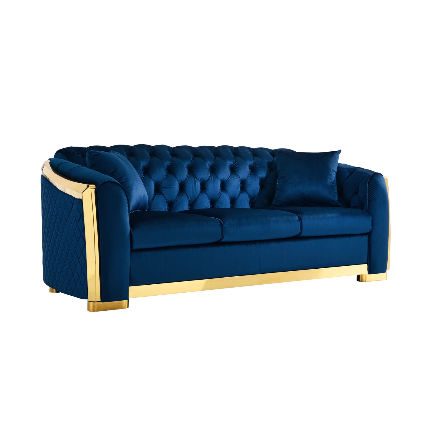 Velvet Luxury Chesterfield Sofa Set, 84 Inches Tufted 3 Seat Couch with Gold Stainless for Living Room, Navy Blue Fabric