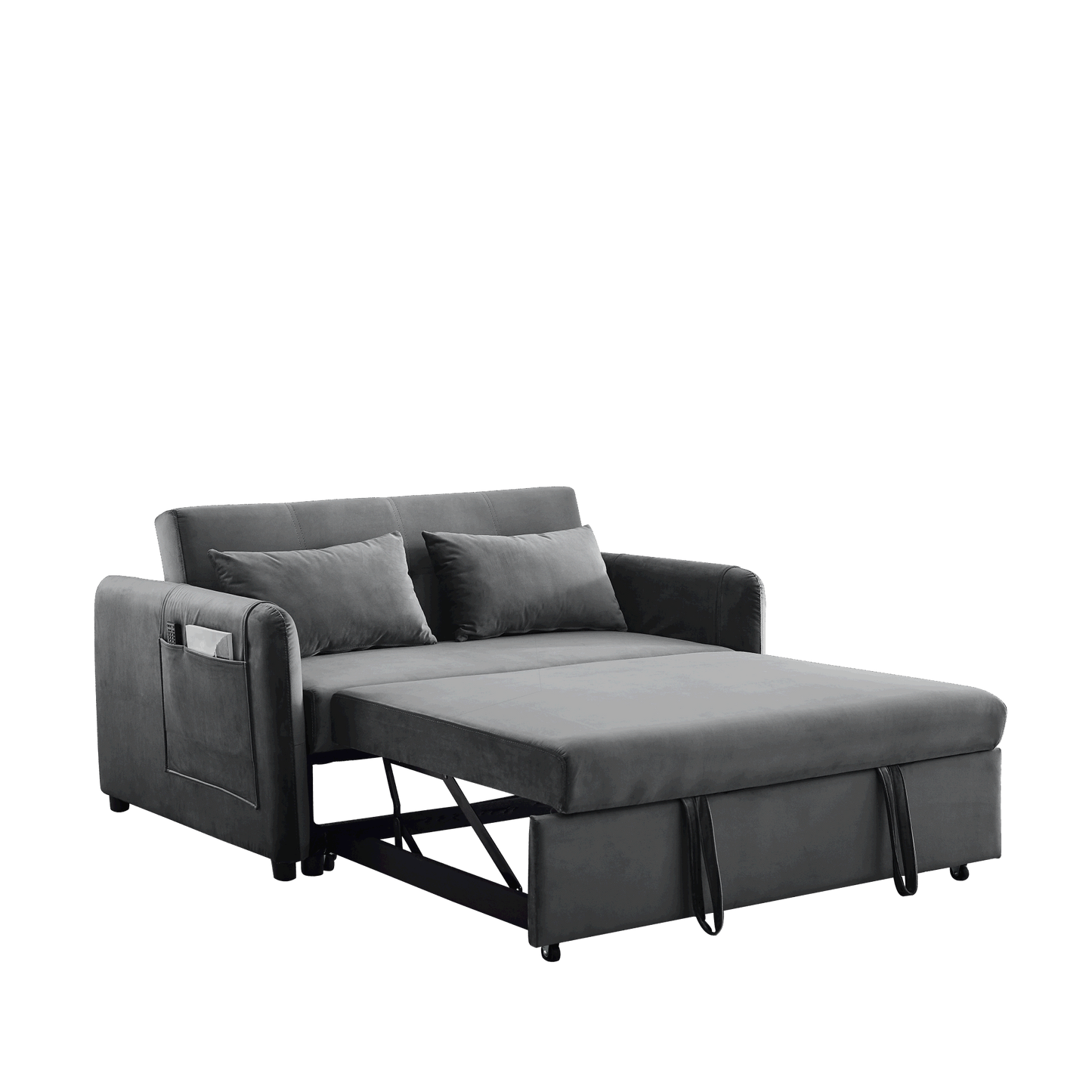 Convertible Sofa Bed, 3-in-1 Versatile Velvet Double Sofa with Pullout Bed, Seat with Adjustable Backrest, Lumbar Pillows, and Living Room Side Pockets, 54 Inch, Grey