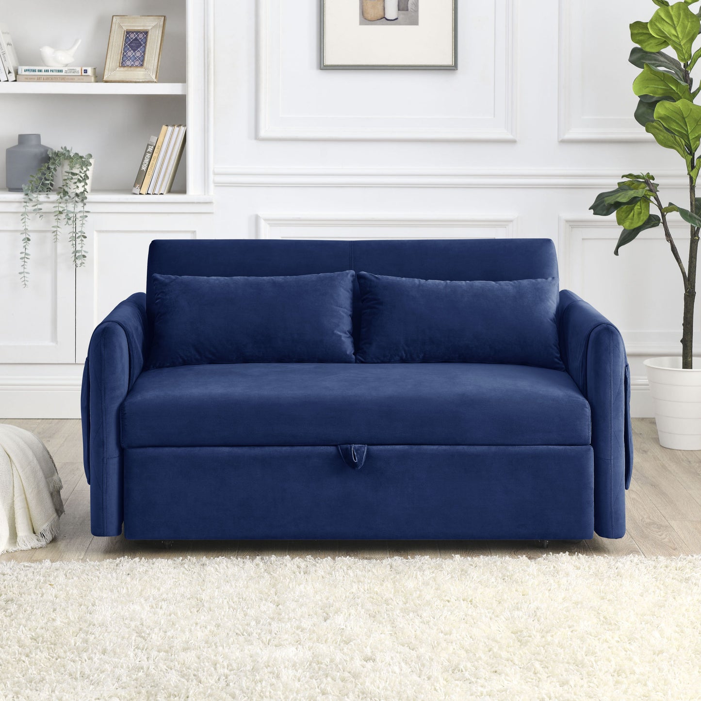 55" Modern Convertible Sofa Bed with 2 Detachable Arm Pockets; Velvet Loveseat Sofa with Pull Out Bed; 2 Pillows and Living Room Adjustable Backrest; Grid Design Armrests