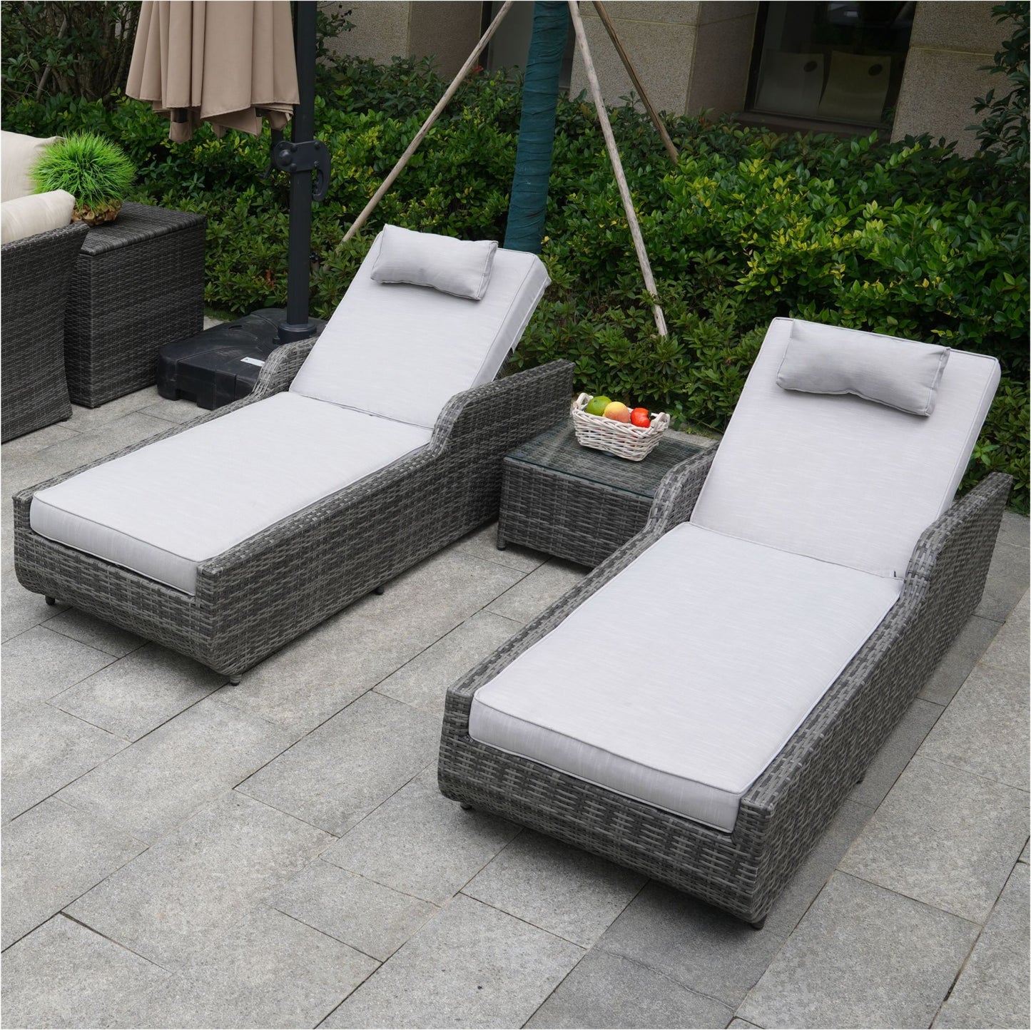 Backrest Rattan Chaise Lounge Set with Cushions