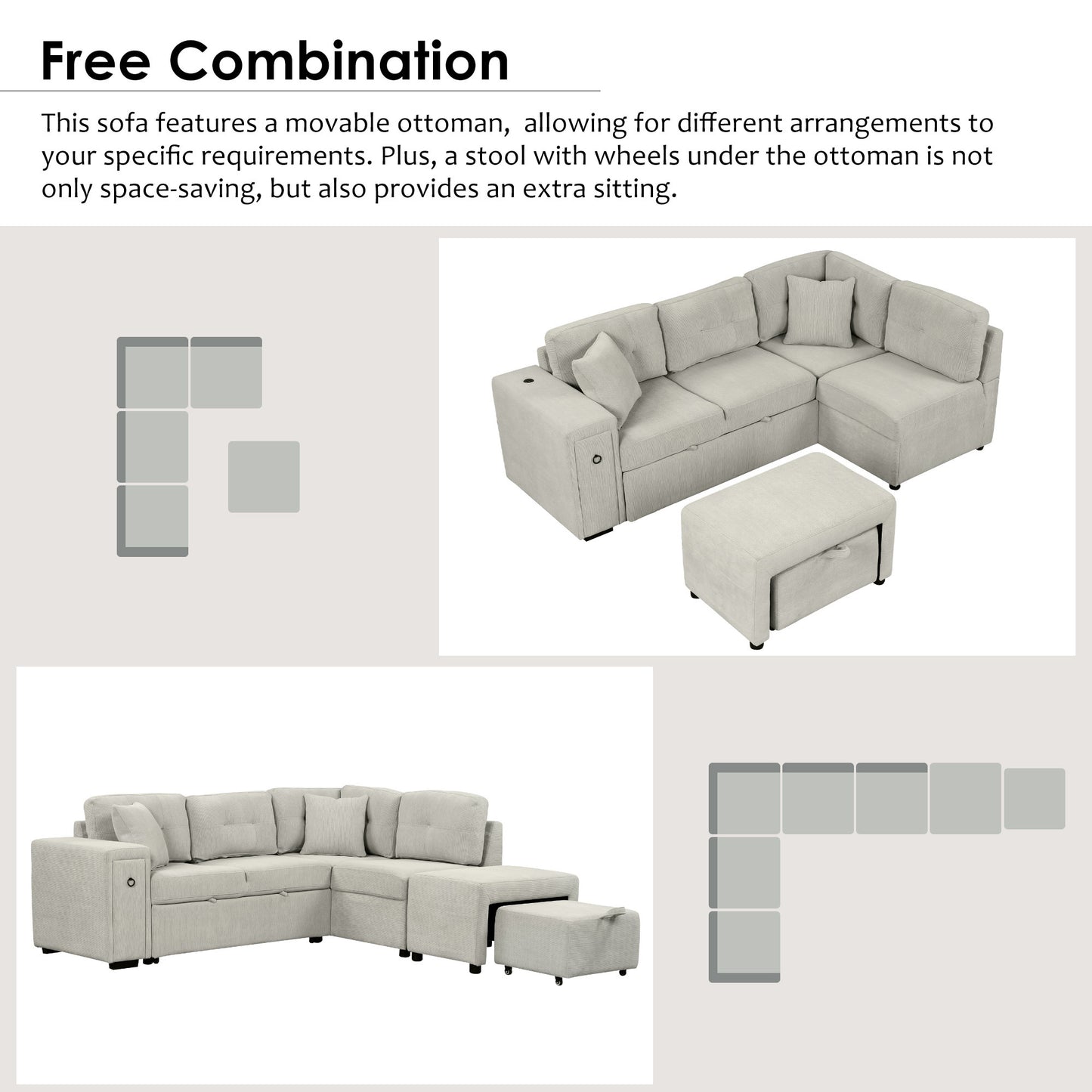 86.6" Sectional Sofa L-shaped Sofa Couch Pull-out Sofa Bed with a Movable Ottoman, Two USB Ports and Two Cup Holders for Living Room, Gray