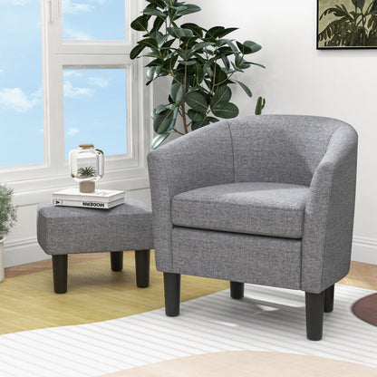 Barrel Club Chair with Ottoman Set Linen Fabric Accent Chair with Footrest