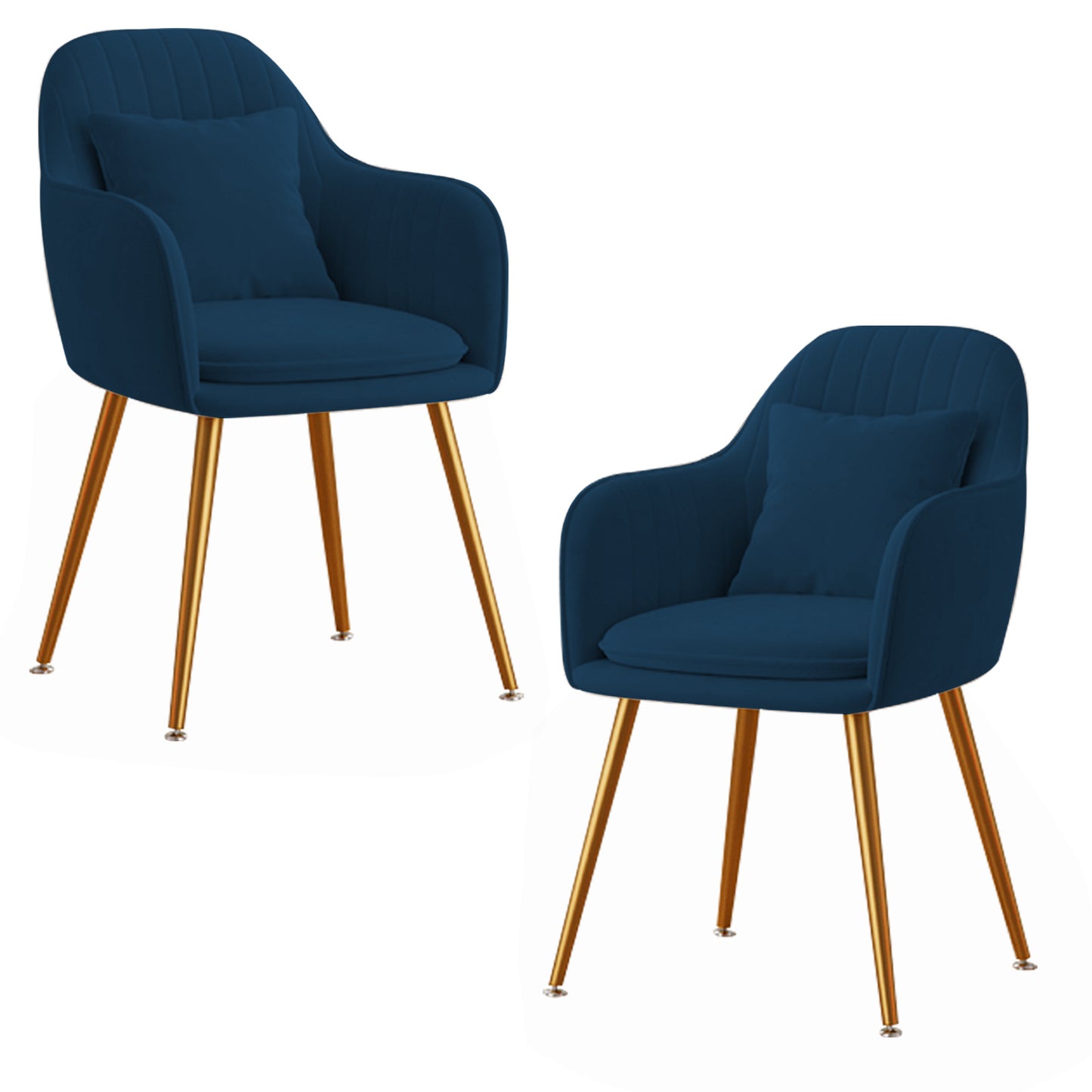 Blue Furniture Velvet Living Dining Room Set of 2 Accent Arm Chairs Upholstered Seat Club Guest Mid Century Chair with Golden Metal Legs