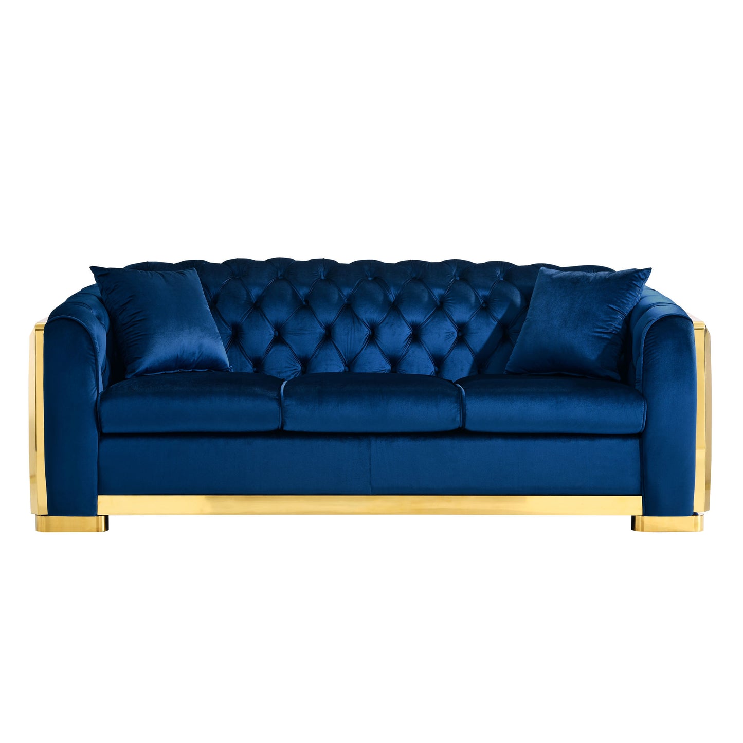 Velvet Luxury Chesterfield Sofa Set, 84 Inches Tufted 3 Seat Couch with Gold Stainless for Living Room, Navy Blue Fabric