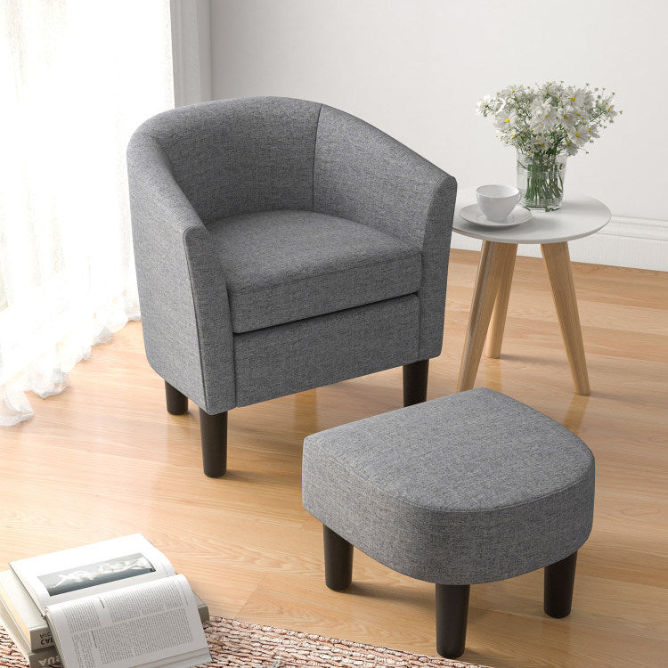 Barrel Club Chair with Ottoman Set Linen Fabric Accent Chair with Footrest