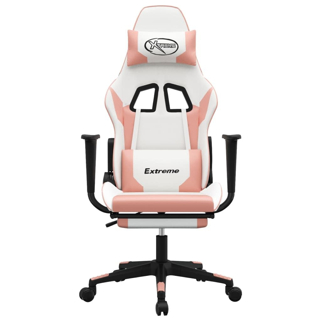 Massage Gaming Chair with Footrest White&Pink Faux Leather