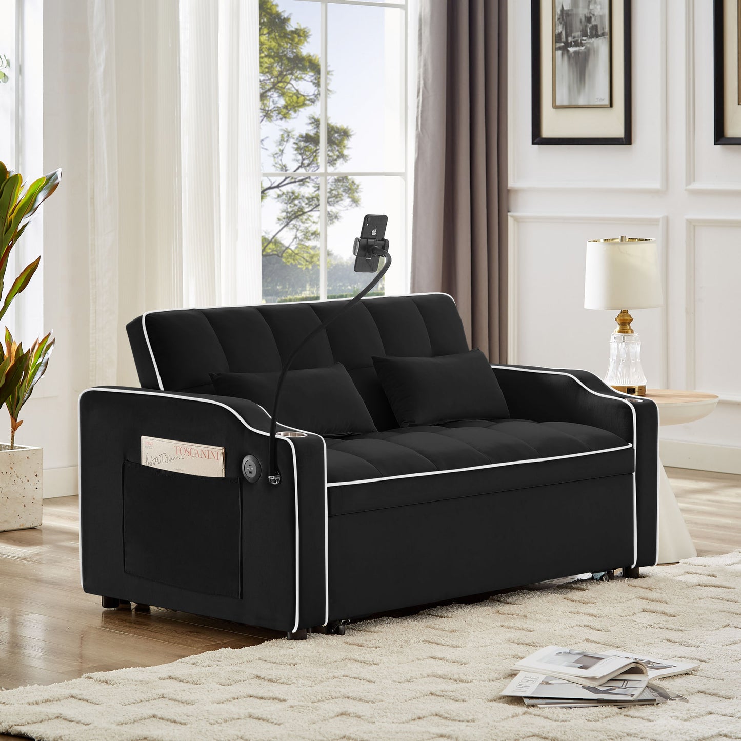 1 versatile foldable sofa bed in 3 lengths, modern sofa sofa sofa velvet pull-out bed, adjustable back and with USB port and ashtray and swivel phone stand (black)