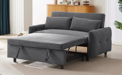 57.48" Pull-out Sofa Bed Convertible Couch 2 Seat Loveseat Sofa Modern Sleeper Sofa with Two Throw Pillows and USB Ports for Living Room, Dark Grey