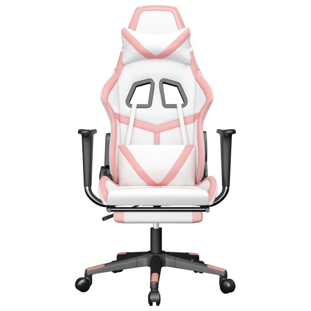 Massage Gaming Chair with Footrest White&Pink Faux Leather