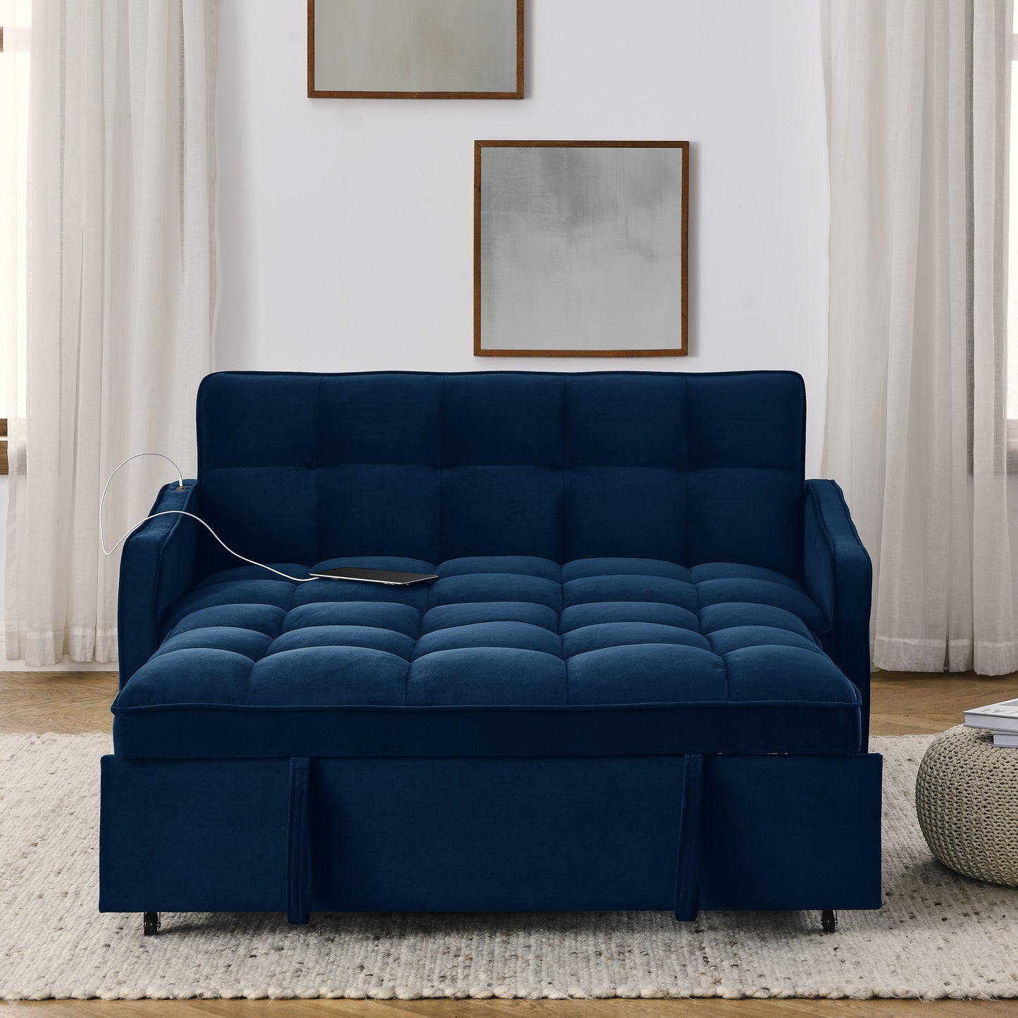 Loveseats Sofa Bed with Pull-out Bed,Adjsutable Back and Two Arm Pocket,TypeC and USB Charging with Copper nail,Blue (47"x53"x31")