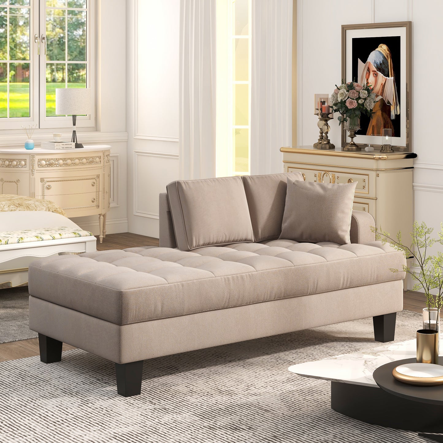 Deep Tufted Upholstered Textured Fabric Chaise Lounge