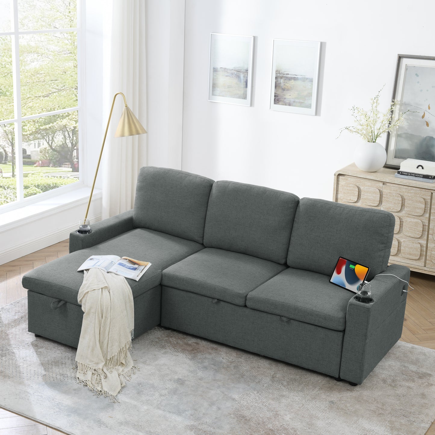 Linen Upholstered Sleeper Sectional Sofa